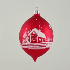 Üveg csepp „Téli kunyhó” - piros matt fehér díszítéssel