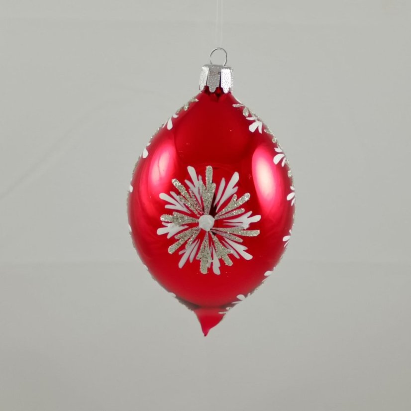 Piros üvegből készült karácsonyi dísz csepp / könnycsepp formában ezüst-fehér hópehely mintával – kézzel festett
