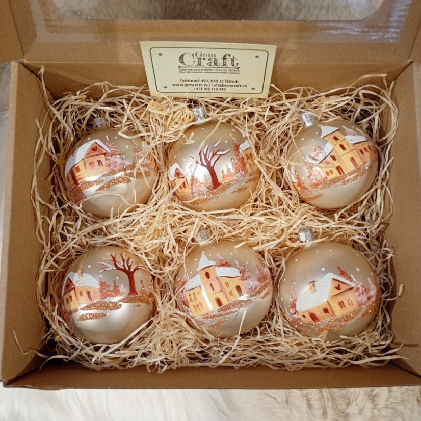 Ručně malované zlaté vánoční koule se zimní vesničkou / krajinkou (6 ks)