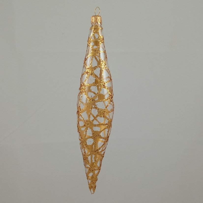 Üvegből készült karácsonyi dísz csepp alakban, arany csillogó pókháló mintával
