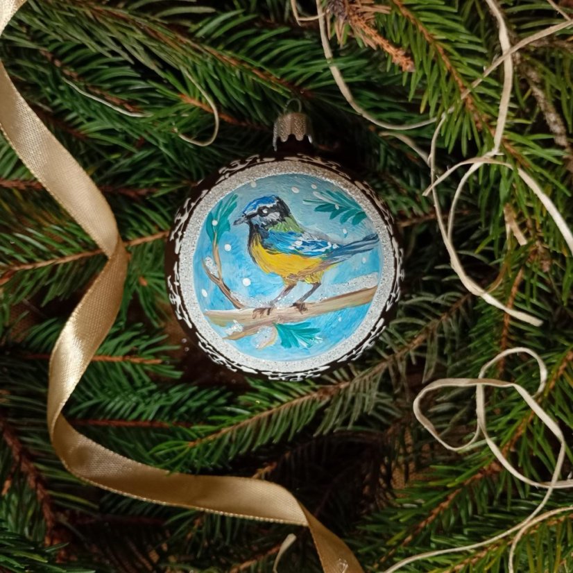 Kézzel festett üveg gömb – Madárka kollekció fehér keretben