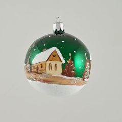 Üveg gömb „Zöld téli falu" - kézzel festett