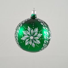 Zöld üveges karácsonyi gömb ezüst hópehely mintával - kézzel festett