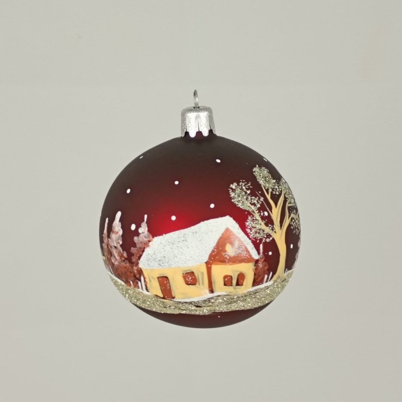 Ručně malovaná skleněná koule - Zimní vesnička / krajinka na vínově matném podkladu