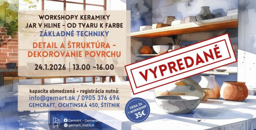 Workshop keramiky ZÁKLADNÍ TECHNIKY - Detail a struktura, 24.1.2026 Workshop keramiky ZÁKLADNÍ TECHNIKY - Detail a struktura, 24.1.2026