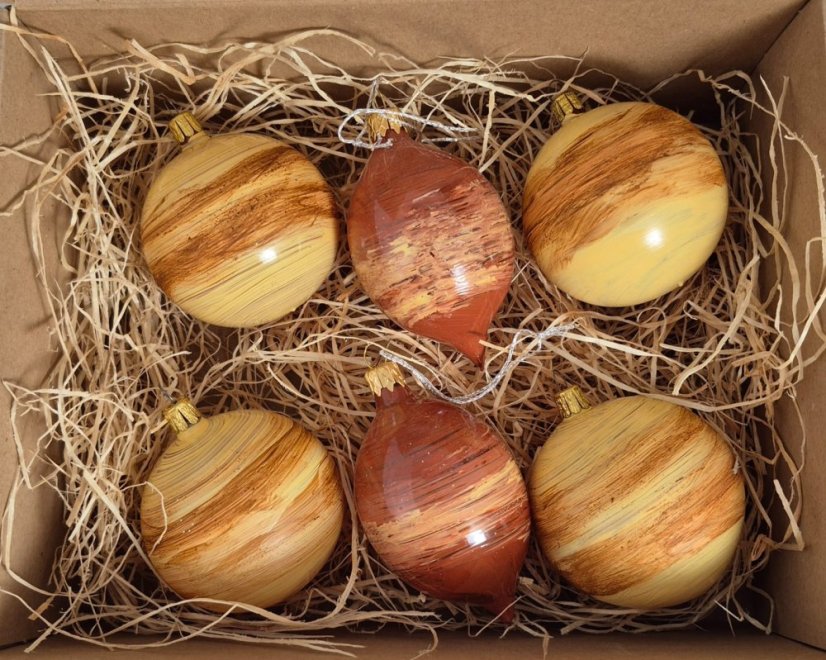 Ručně foukané vánoční koule - hnědo-zlatý mix