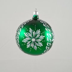 Zelená skleněná vánoční koule se stříbrnou vločkou - ručně malovaná