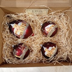 Kézzel festett bordó üveg karácsonyi díszek téli falucskával / tájjal (4 db)