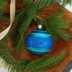 Ručně foukaná tyrkysová vánoční koule s modrým vzorem