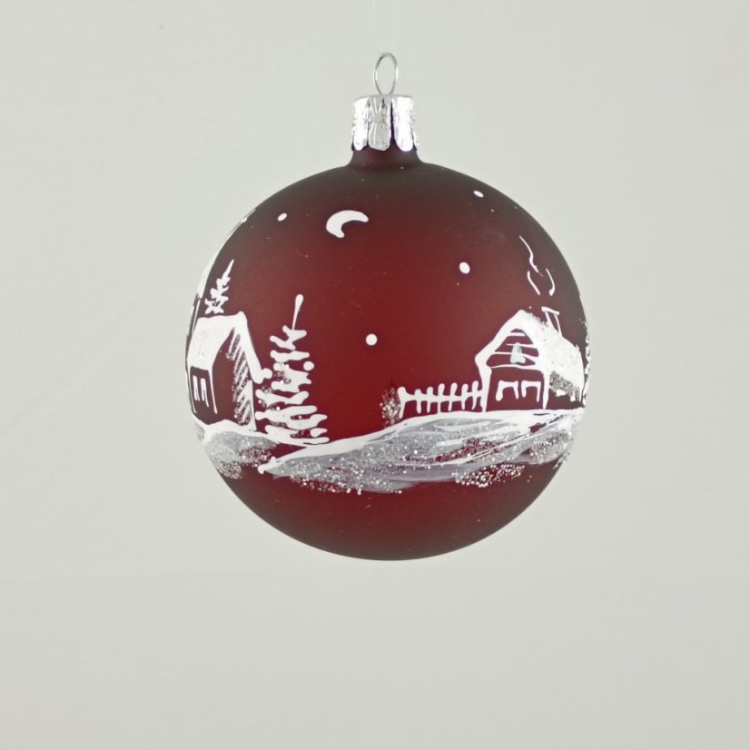 Üveg gömb „Téli falu" - bordó matt fehér díszítéssel