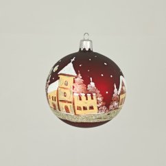 Ručně malovaná skleněná koule - Zimní vesnička / krajinka na vínově matném podkladu