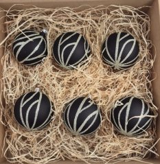 Černé vánoční koule se stříbrným třpytivým vzorem (6 ks)