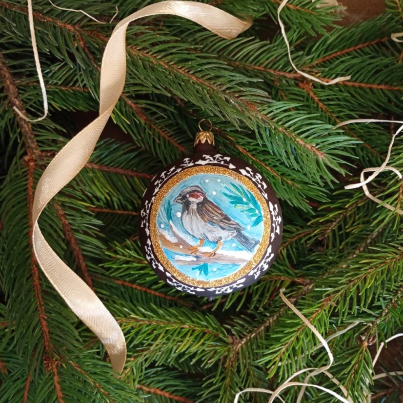 Kézzel festett üveggömb – Madárkák kollekció arany keretben