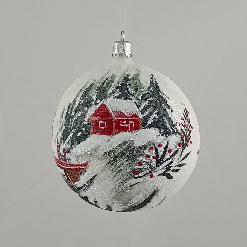 Ručně foukaná vánoční koule se vzorem krajinky, jedinečné umělecké dílo