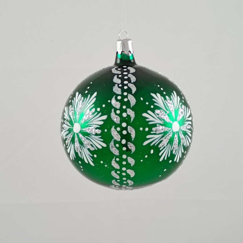Zelená skleněná vánoční koule se stříbrnou vločkou - ručně malovaná
