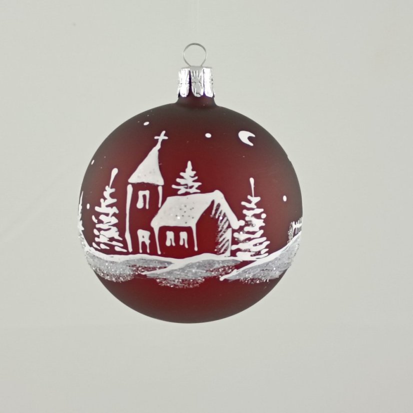 Üveg gömb „Téli falu" - bordó matt fehér díszítéssel