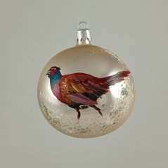 Ručně malovaná skleněná vánoční koule s loveckým motivem - Bažant v zimě (perleťově matná)