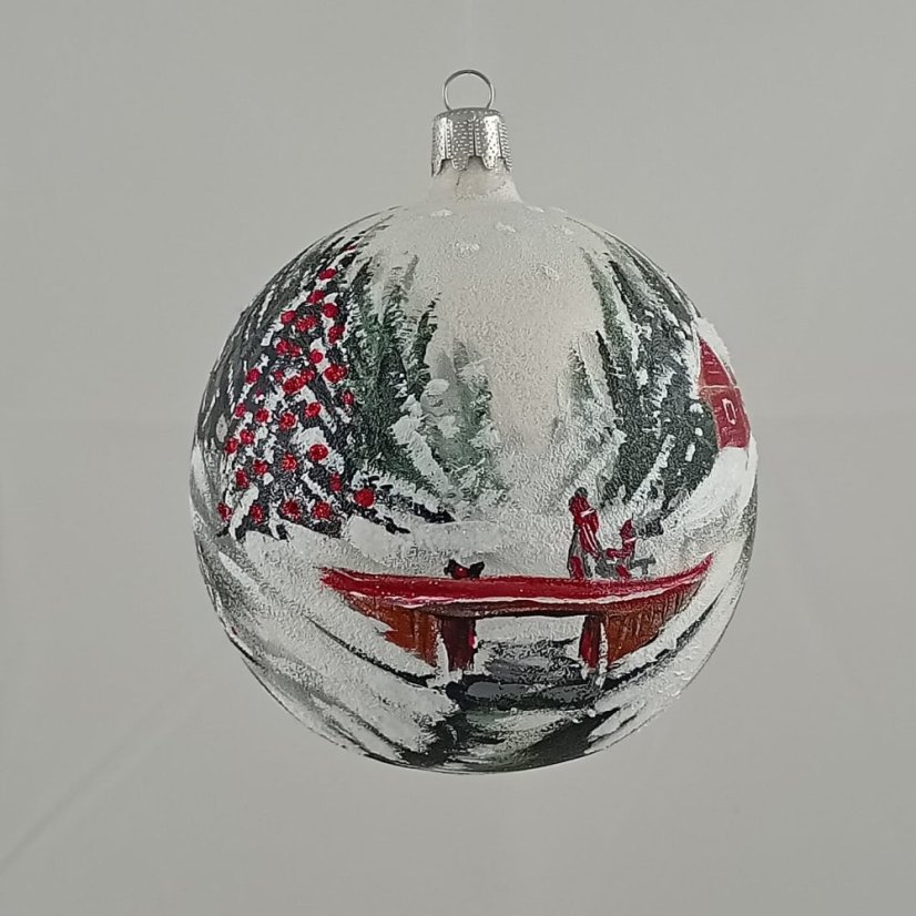 Ručně foukaná vánoční koule se vzorem krajinky, jedinečné umělecké dílo