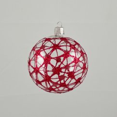 Sklenená priehľadná vianočná guľa s červeným trblietavým dekorom pavučinky