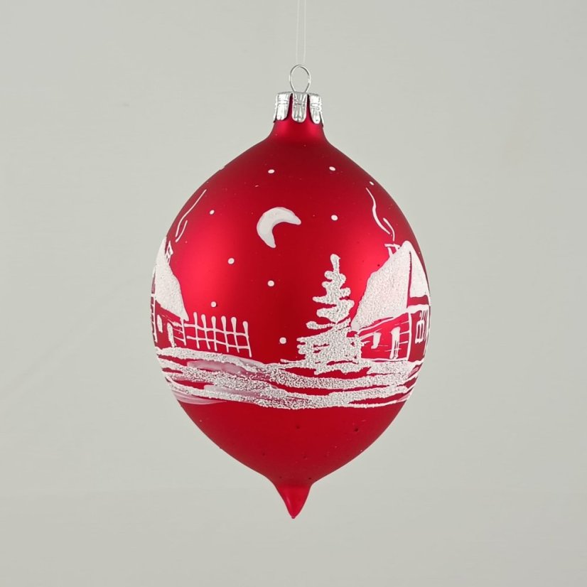 Skleněná kapka „Zimní chalupa“ - červená matná s bílým dekorem