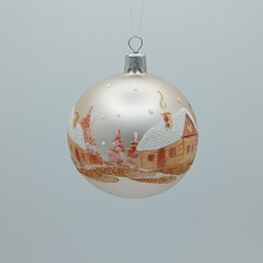 Ručně malovaná skleněná koule - Zimní vesnička / krajinka na perleťově matném podkladu