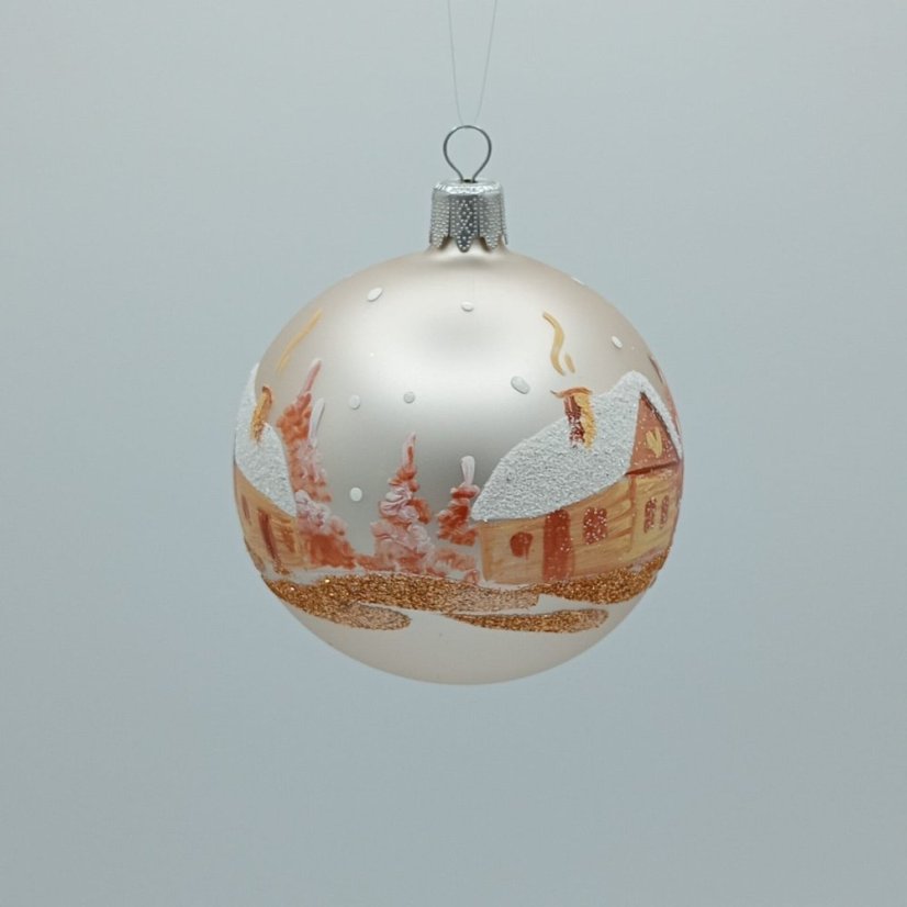 Ručně malovaná skleněná koule - Zimní vesnička / krajinka na perleťově matném podkladu
