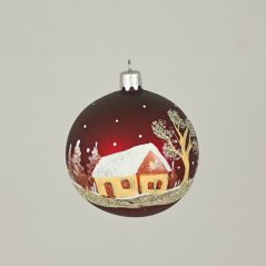 Kézzel festett üveg gömb - Téli falu / táj borongós matt háttéren