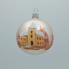 Kézzel festett üveg gömb - Téli falu / táj gyöngyház matt háttéren