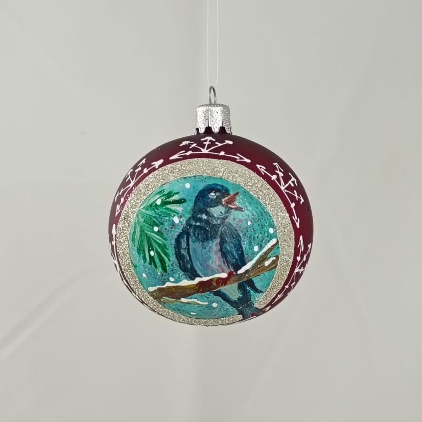 Kézzel festett üveggömb – Madárka kollekció ezüst keretben