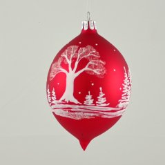 Üveg csepp „Téli kunyhó” - piros matt fehér díszítéssel