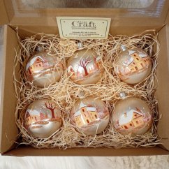 Ručně malované zlaté vánoční koule se zimní vesničkou / krajinkou (6 ks)