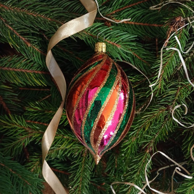 Ručně foukaná vánoční oliva barevná, se vzorem
