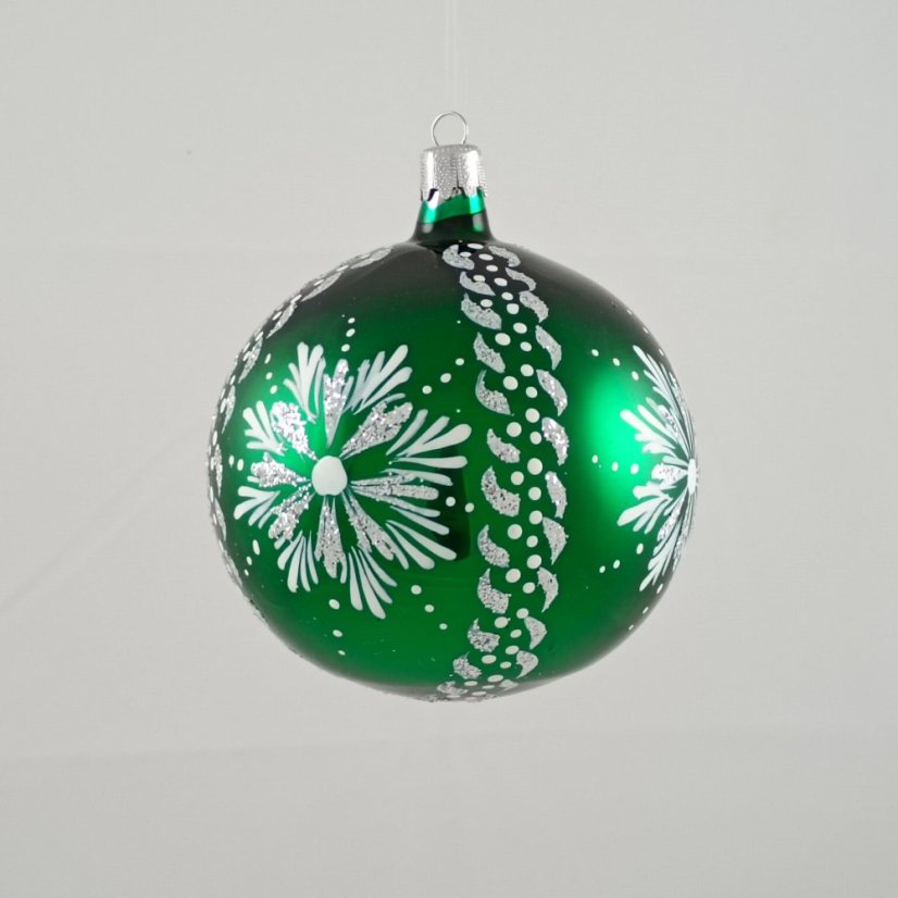 Zelená skleněná vánoční koule se stříbrnou vločkou - ručně malovaná