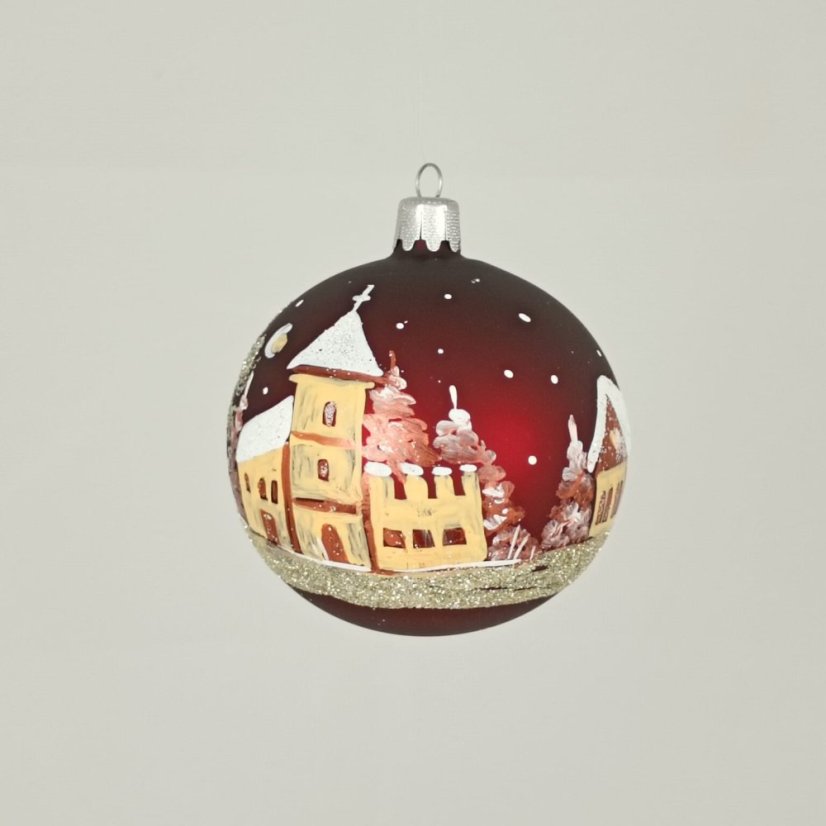 Ručně malovaná skleněná koule - Zimní vesnička / krajinka na vínově matném podkladu