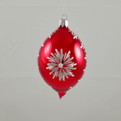 Piros üvegből készült karácsonyi dísz csepp / könnycsepp formában ezüst-fehér hópehely mintával – kézzel festett