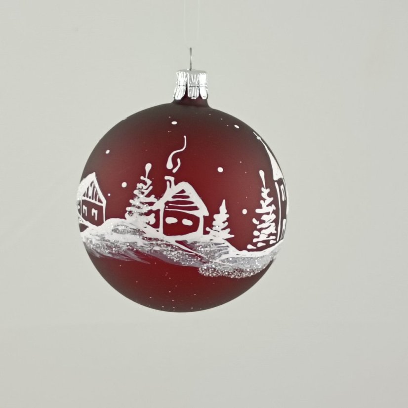 Üveg gömb „Téli falu" - bordó matt fehér díszítéssel
