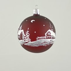 Üveg gömb „Téli falu" - bordó matt fehér díszítéssel