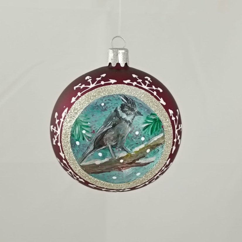 Kézzel festett üveggömb – Madárka kollekció ezüst keretben