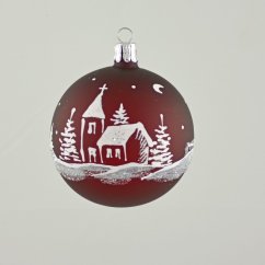 Üveg gömb „Téli falu" - bordó matt fehér díszítéssel