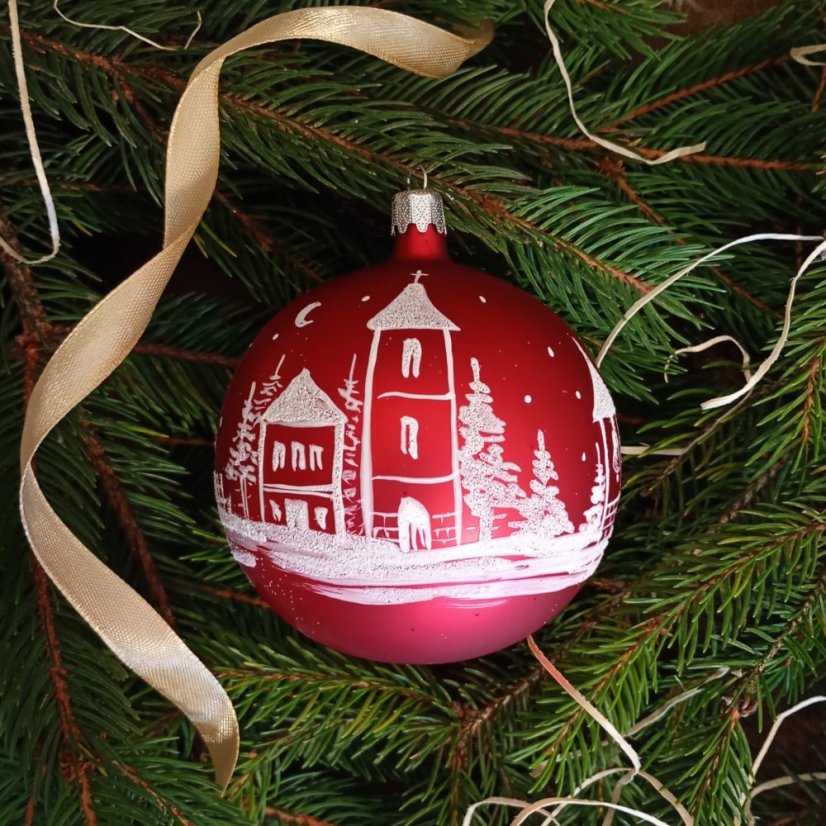 Ručně foukaná vánoční koule se vzorem krajinky