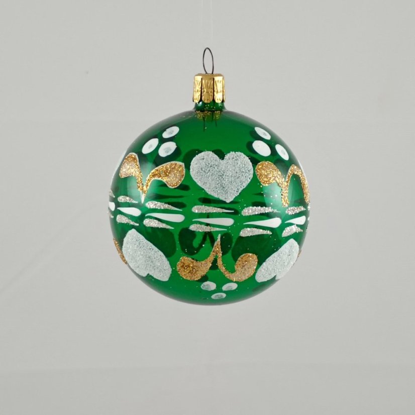 Zöld üveges karácsonyi gömb szív alakú népművészeti mintával