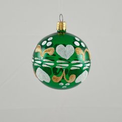 Zöld üveges karácsonyi gömb szív alakú népművészeti mintával
