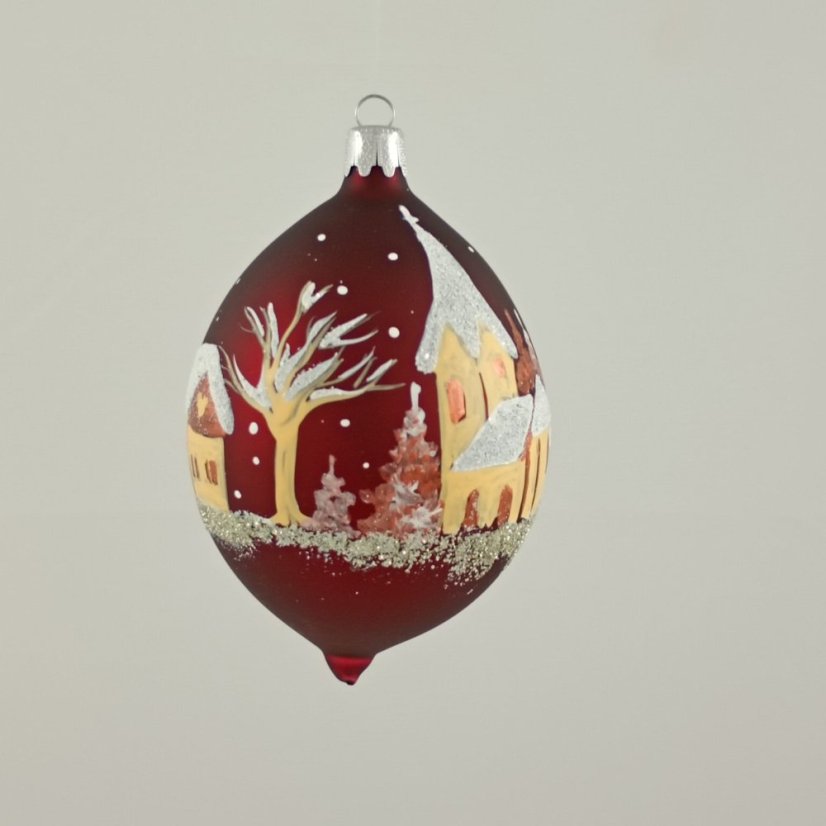 Kézzel festett üveg csepp - Téli falu / táj borongós matt háttéren