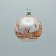 Kézzel festett üveg gömb - Téli falu / táj gyöngyház matt háttéren