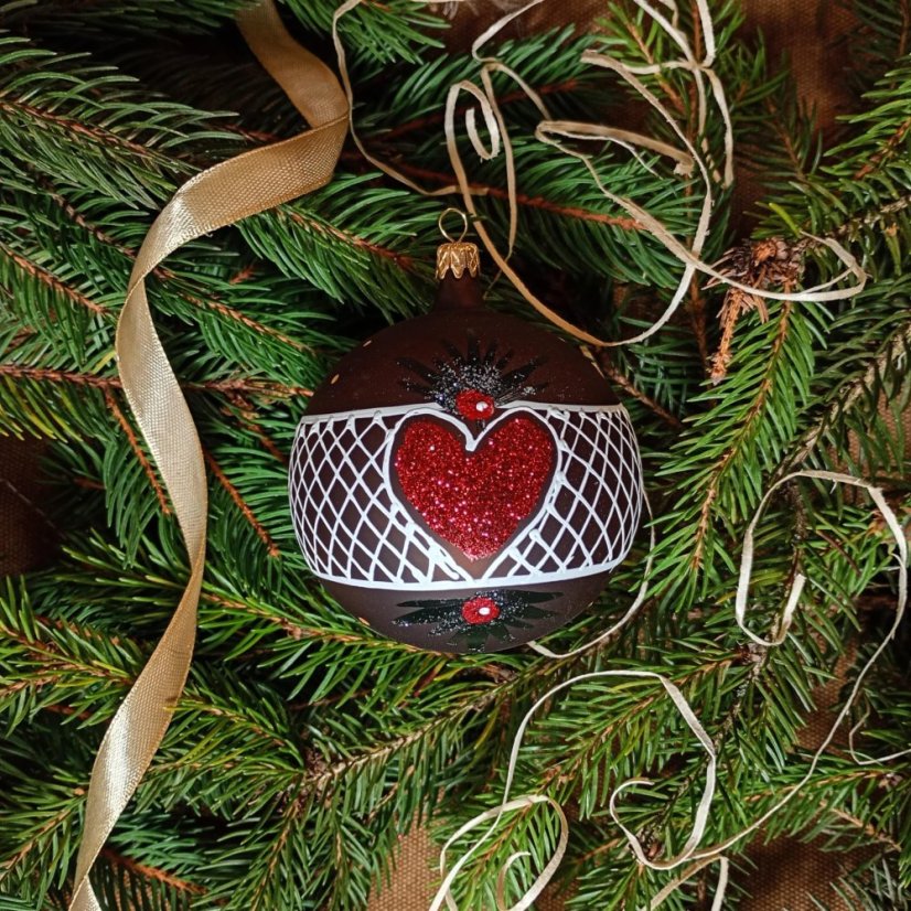 Kézzel fújt karácsonyi gömb barna mézeskalács mintával