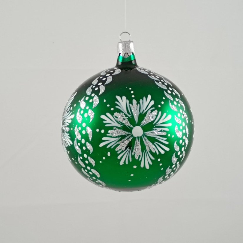 Zelená skleněná vánoční koule se stříbrnou vločkou - ručně malovaná