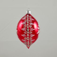 Piros üvegből készült karácsonyi dísz csepp / könnycsepp formában ezüst-fehér hópehely mintával – kézzel festett